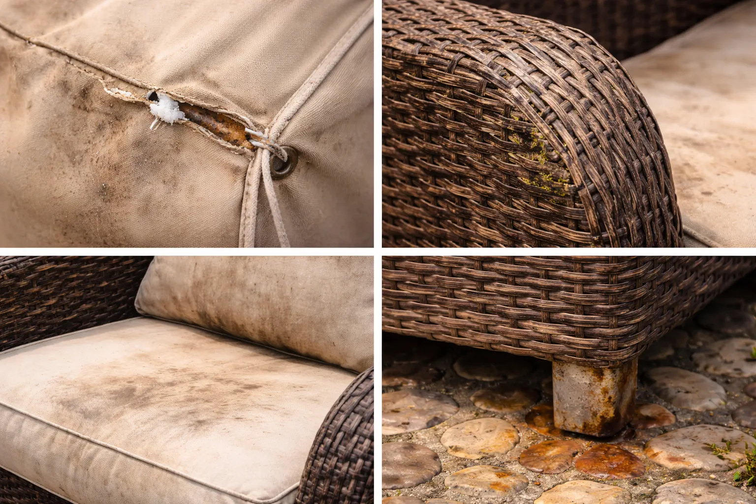 Weather-worn outdoor furniture showing torn fabric, mildew, and rust damage